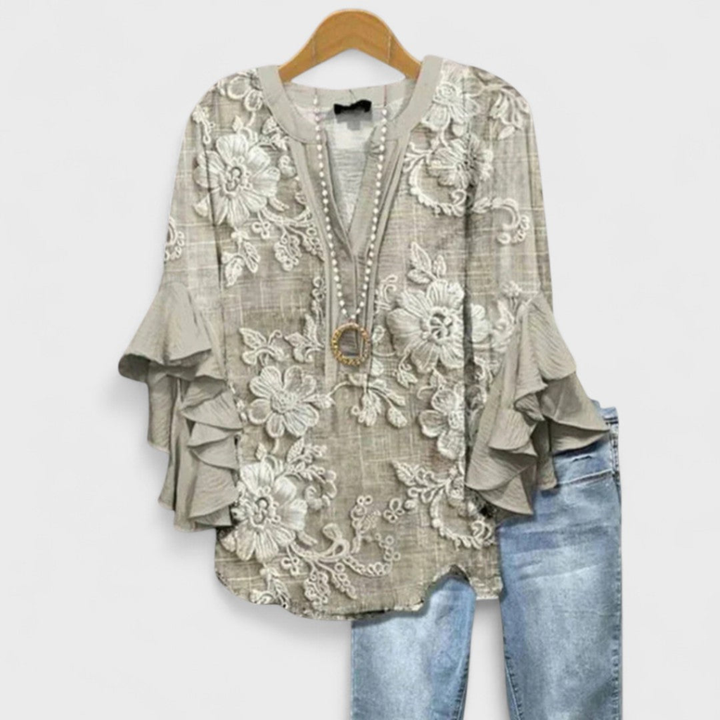 Wren | Women's Lightweight Print Ruffle Sleeve V-Neck Blouse