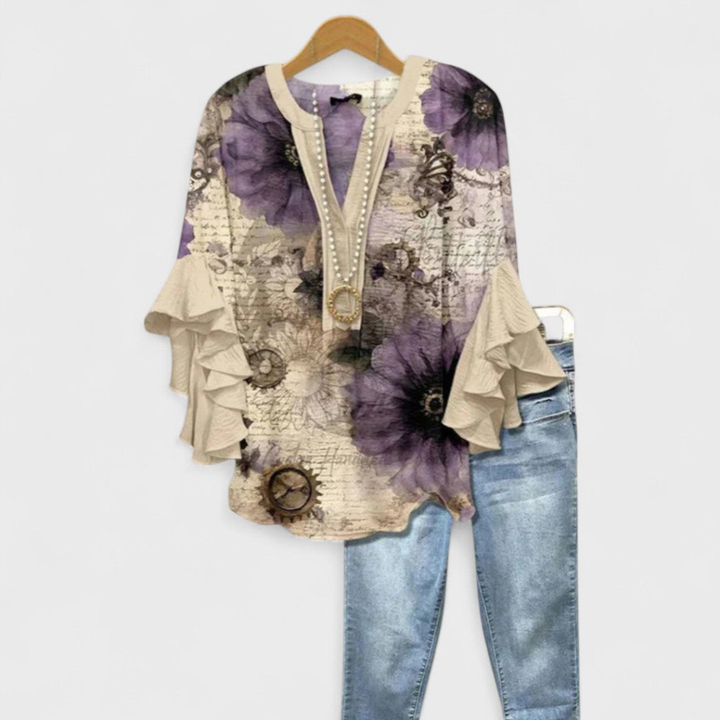 Wren | Women's Lightweight Print Ruffle Sleeve V-Neck Blouse
