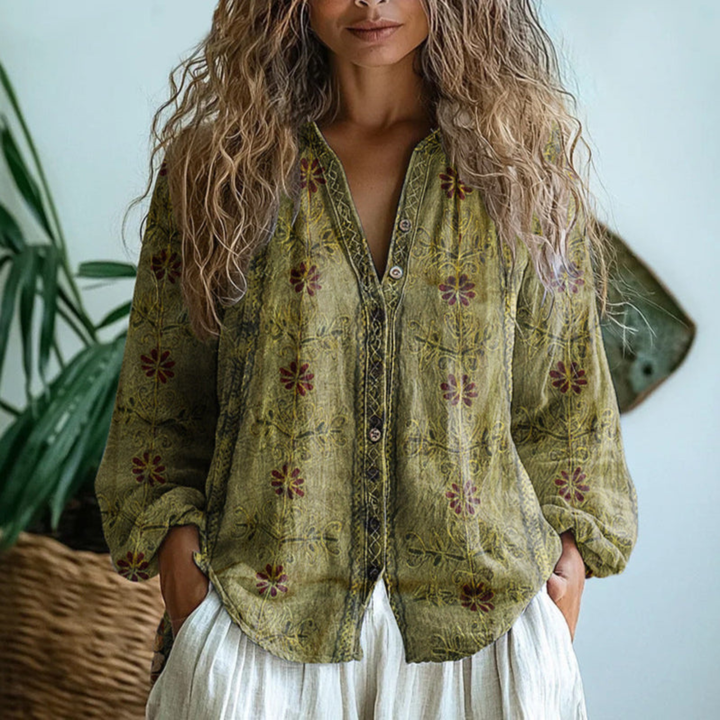 Wren | Women's Linen Boho Print V-Neck Button-Down Blouse