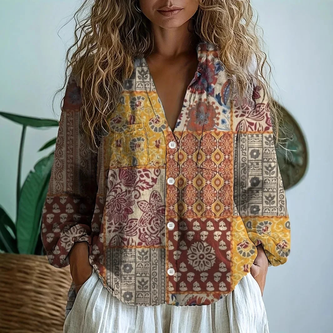 Wren | Women's Linen Boho Print V-Neck Button-Down Blouse