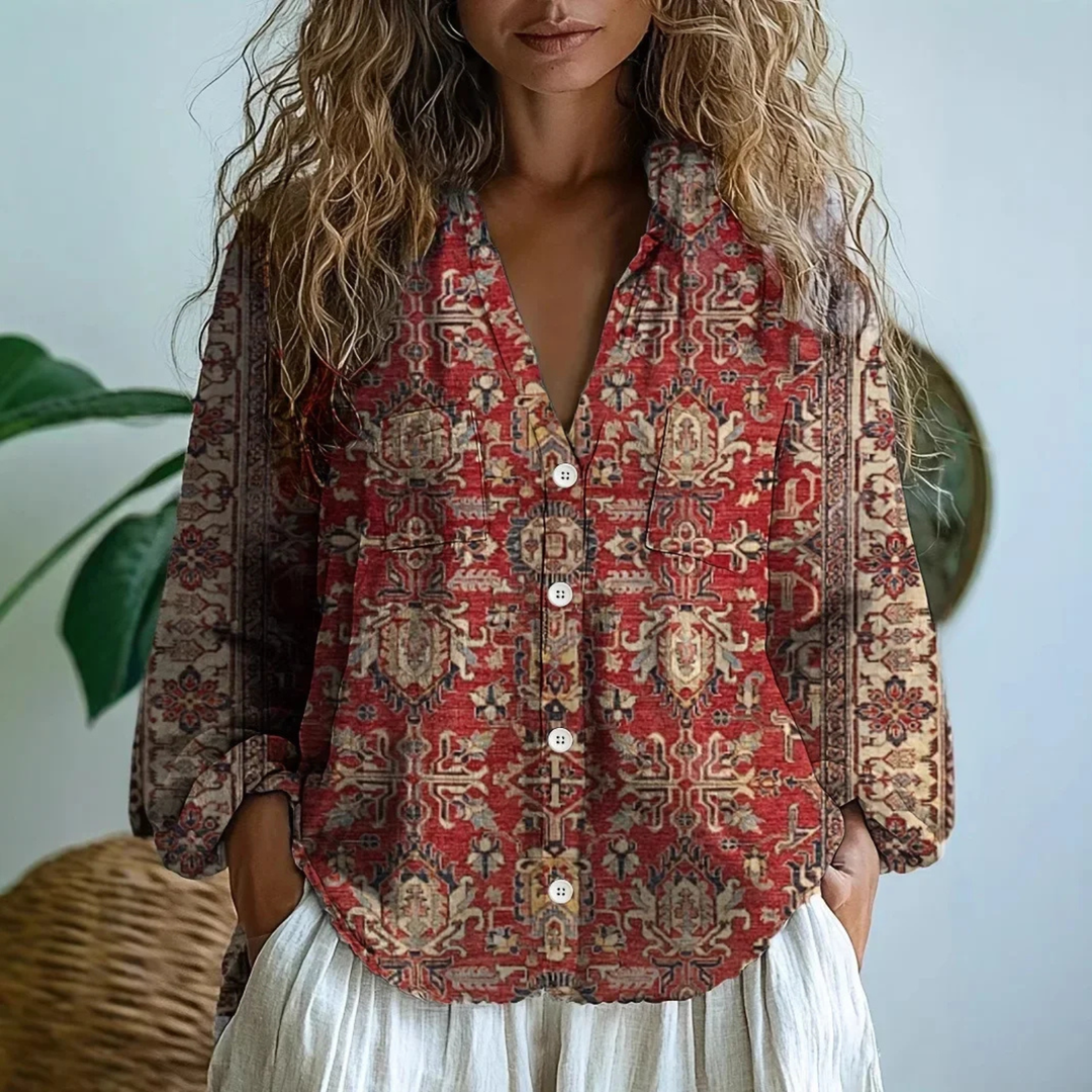 Wren | Women's Linen Boho Print V-Neck Button-Down Blouse