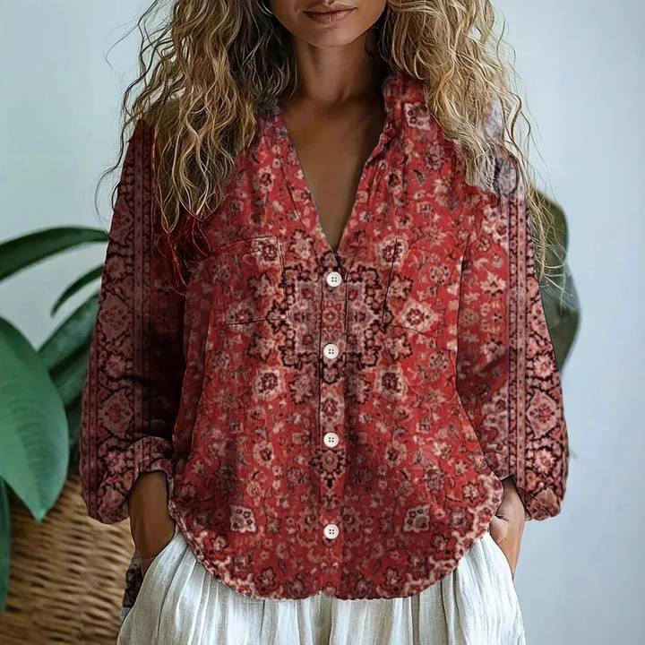 Wren | Women's Linen Boho Print V-Neck Button-Down Blouse