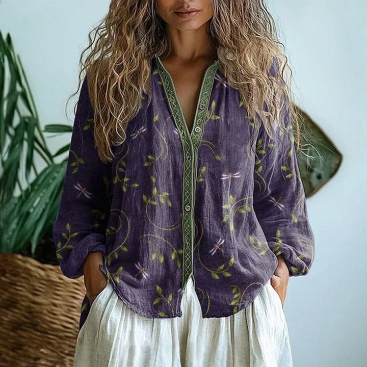 Wren | Women's Linen Boho Print V-Neck Button-Down Blouse