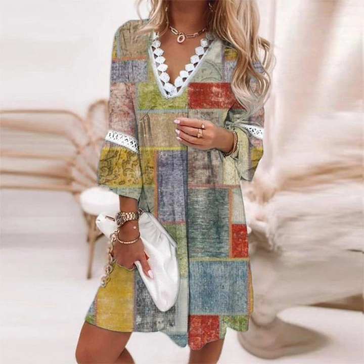 Zara | Women's Chiffon Boho Print V-Neck Long-Sleeve Mini Dress