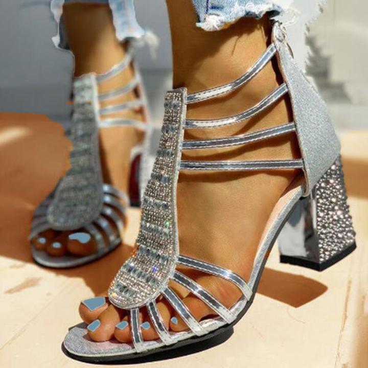 Zara | Women's Leather Rhinestone Strappy Caged Block Heel Sandals