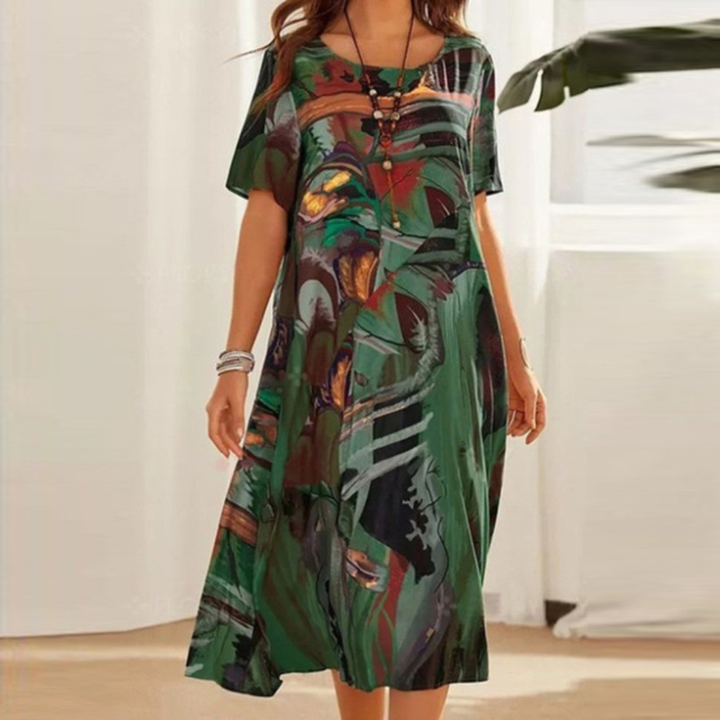 Zephyr | Women's Cotton Abstract Print Round Neck Short Sleeve Midi Dress