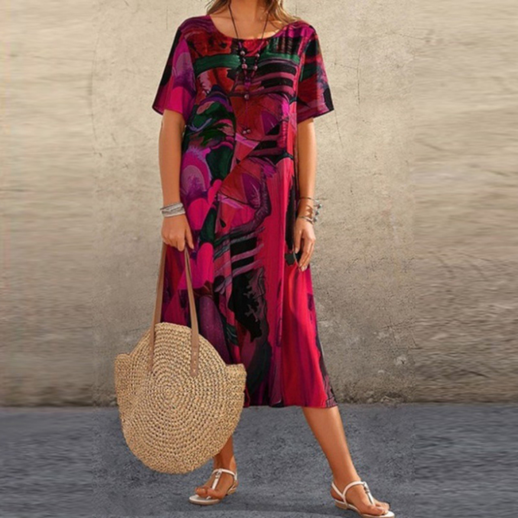 Zephyr | Women's Cotton Abstract Print Round Neck Short Sleeve Midi Dress