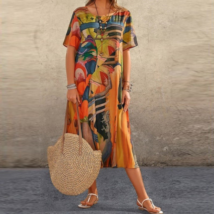 Zephyr | Women's Cotton Abstract Print Round Neck Short Sleeve Midi Dress