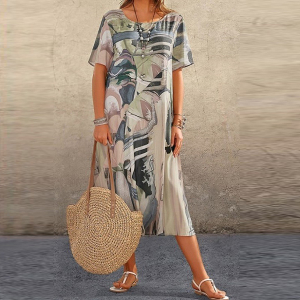 Zephyr | Women's Cotton Abstract Print Round Neck Short Sleeve Midi Dress