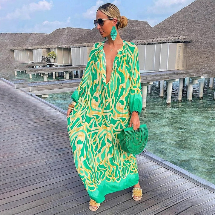 Zola | Women's Chiffon Bold Print V-Neck Kaftan Maxi Dress