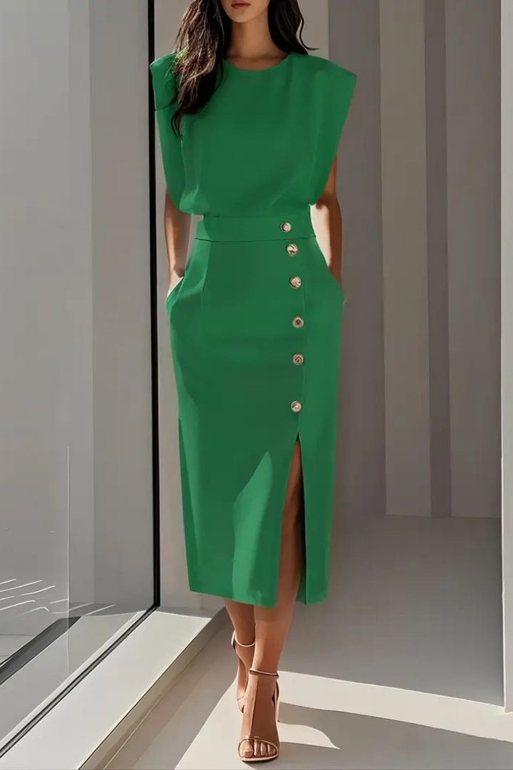 Zola | Women's Stretch Structured Shoulder Button-Front Midi Dress