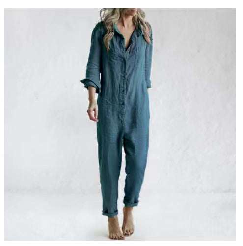 Soft Cotton Jumpsuit | Turn-Down Collar, Relaxed Fit