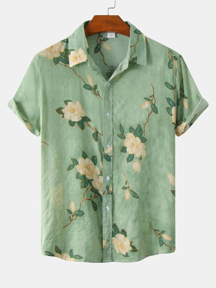 Men's Navy Floral Print Short Sleeve Button-Up Shirt